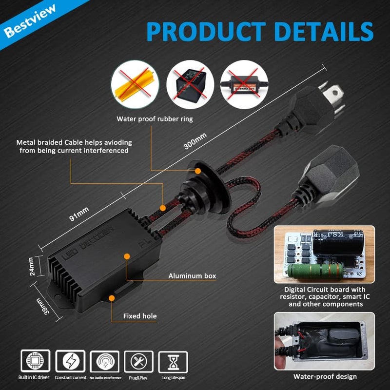 Best View جهاز فك تشفير LED H4 9003 Canbus مضاد للوميض، مقاوم للخطأ، محول مقاوم، عبوة من 2 - Image 5